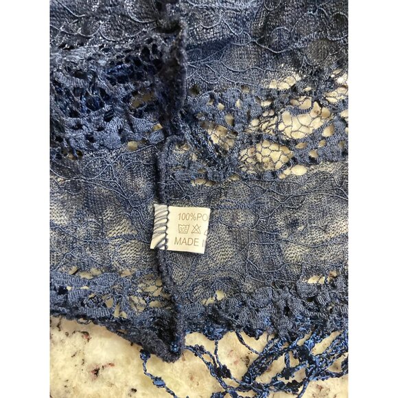 Womens Rectangle Infinity Scarf Lace Fringe Dark Blue Boho Chic Lightweight - Picture 6 of 7